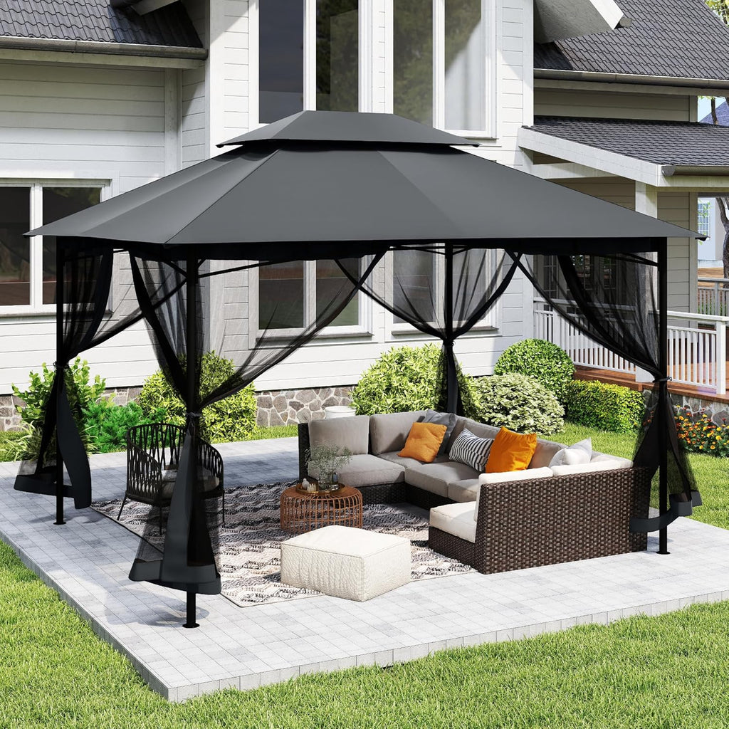10' X 12' Patio Gazebo with Ventilation Double Roof, Outdoor Gazebo with Removable Mosquito Netting, Easy Up Metal Outdoor Canopy Shelter for Backyard, Garden, Lawn, Grey