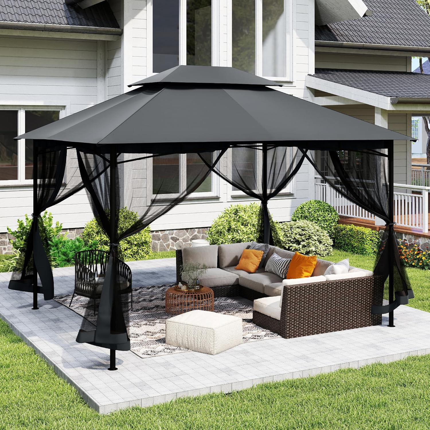 10' X 12' Patio Gazebo with Ventilation Double Roof, Outdoor Gazebo with Removable Mosquito Netting, Easy Up Metal Outdoor Canopy Shelter for Backyard, Garden, Lawn, Grey