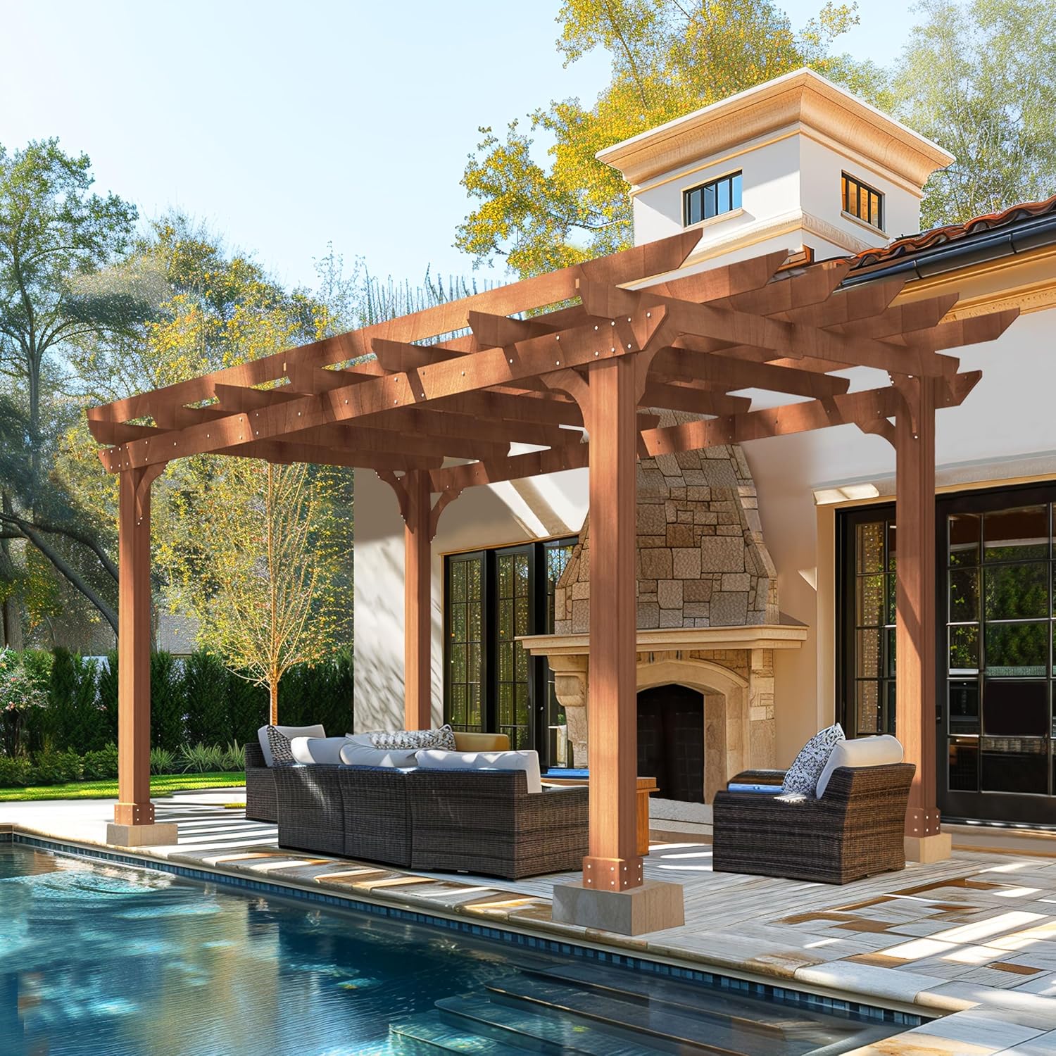 BlueWish 10' x 12' Patio Pergola, Cedar Wood Pergolas with Solid Structure, Pergola Kits, Outdoor Pergolas and Gazebos with Slatted Trellis Roof for Deck Backyard Grill Party Garden