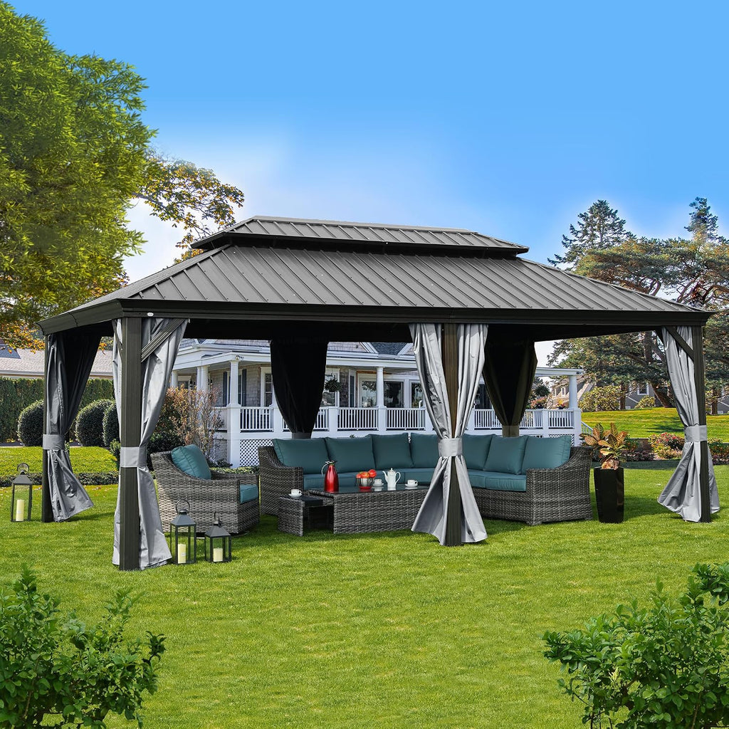 Kozyard Alexander 12' x 20' Hardtop Gazebo, Aluminum Frame with Galvanized Steel Double Roof, Outdoor Permanent Pavilion with Curtains and Netting for Patio, Backyard, Deck, Lawn(Gray)