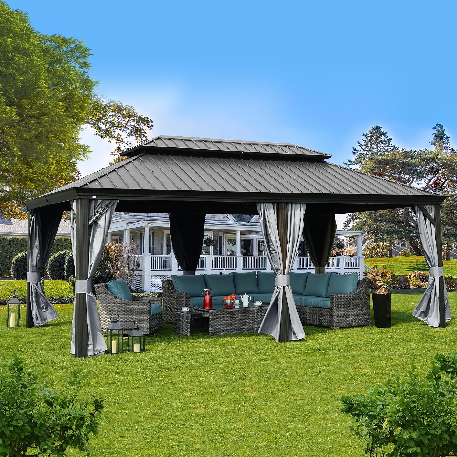 Kozyard Alexander 12' x 20' Hardtop Gazebo, Aluminum Frame with Galvanized Steel Double Roof, Outdoor Permanent Pavilion with Curtains and Netting for Patio, Backyard, Deck, Lawn(Gray)