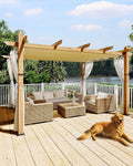 KYBOLT 10x13 Ft Outdoor Pergola with Retractable Canopy Aluminum Gazebo Imitation Wood-Grain Post with Side Mesh Screen Pavilion for Backyard Deck(Beige+White)