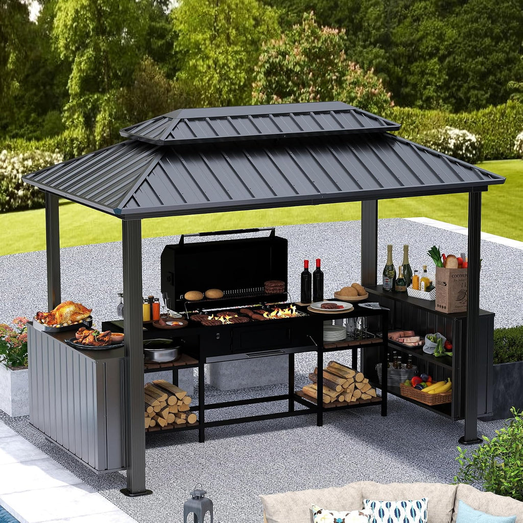 Domi 6'x10' Hardtop Grill Gazebo, BBQ Gazebo for Outdoor Grill with Double Galvanized Steel Roof, Patio Grill Canopy with 2 Cabinets and Ceiling Hooks for Backyard, Lawn, Garden, Gray