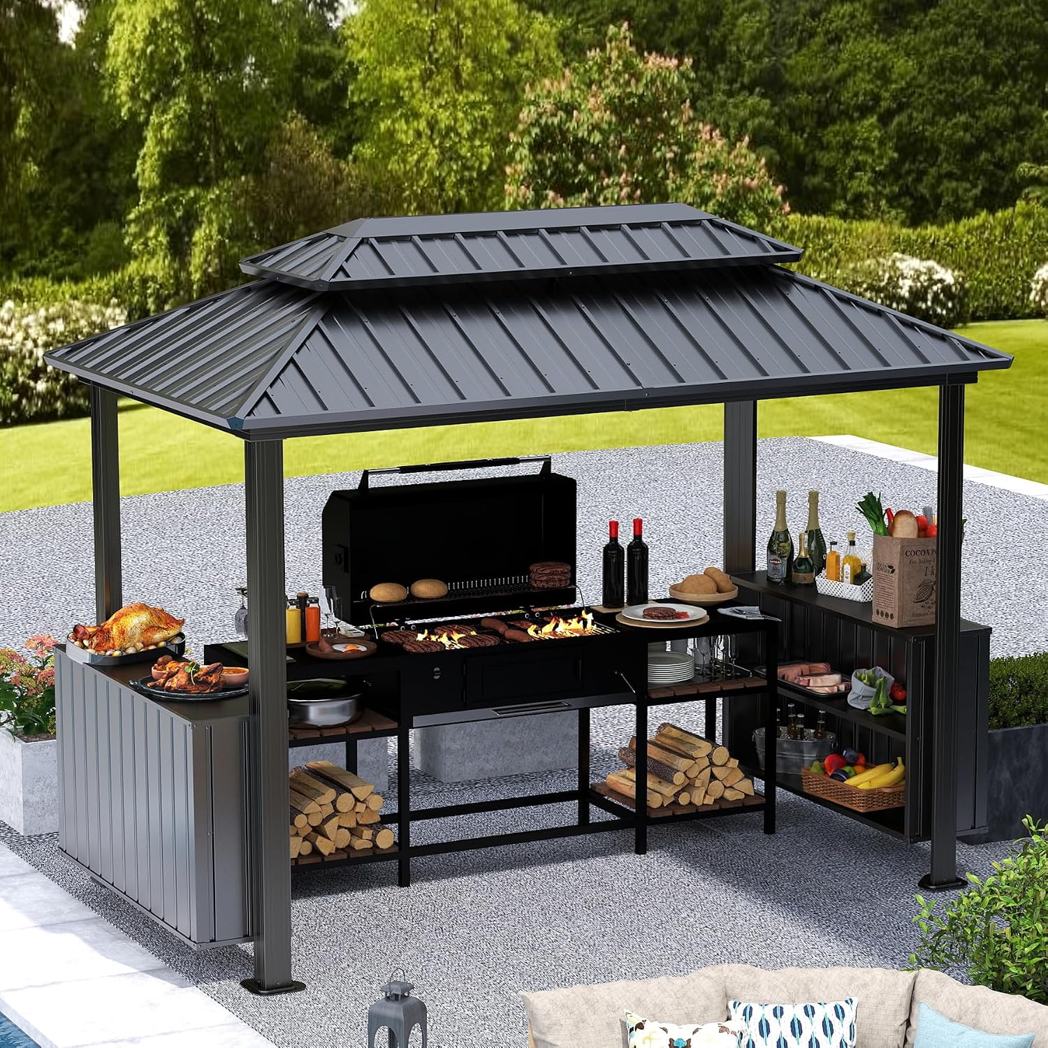 Domi 6'x10' Hardtop Grill Gazebo, BBQ Gazebo for Outdoor Grill with Double Galvanized Steel Roof, Patio Grill Canopy with 2 Cabinets and Ceiling Hooks for Backyard, Lawn, Garden, Gray