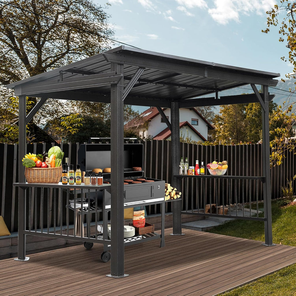 Domi 6.5x12FT Hardtop Grill Gazebo, Outdoor BBQ Gazebo with 2 Side Shelves and Sloping Galvanized Steel Roof, Metal Permanent Grill Canopy with Ceiling Hooks for Patio, Lawn, Backyard, Deck, Gray