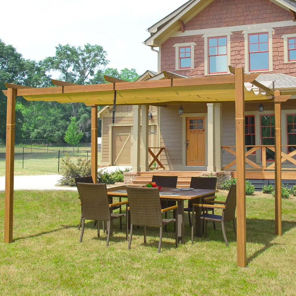 Domi 9' x 13' Outdoor Retractable Pergola Against The Wall with Weather-Resistant Canopy Aluminum Garden Pergola Patio Grill Gazebo for Courtyard(Teak Coated)