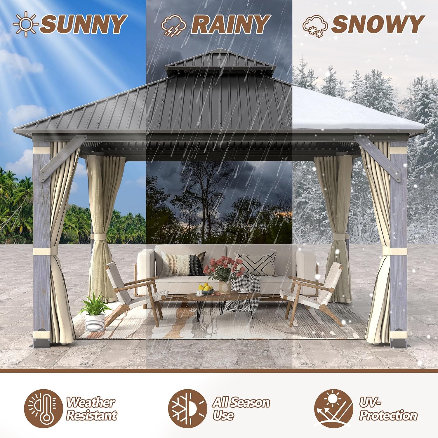 12' x 12' Wood Gazebo, Outdoor Hardtop Gazebo with Wood Posts and Galvanized Steel Doule Roof, Wooden Frame Gazebos with Netting and Curtains for Patio Backyard