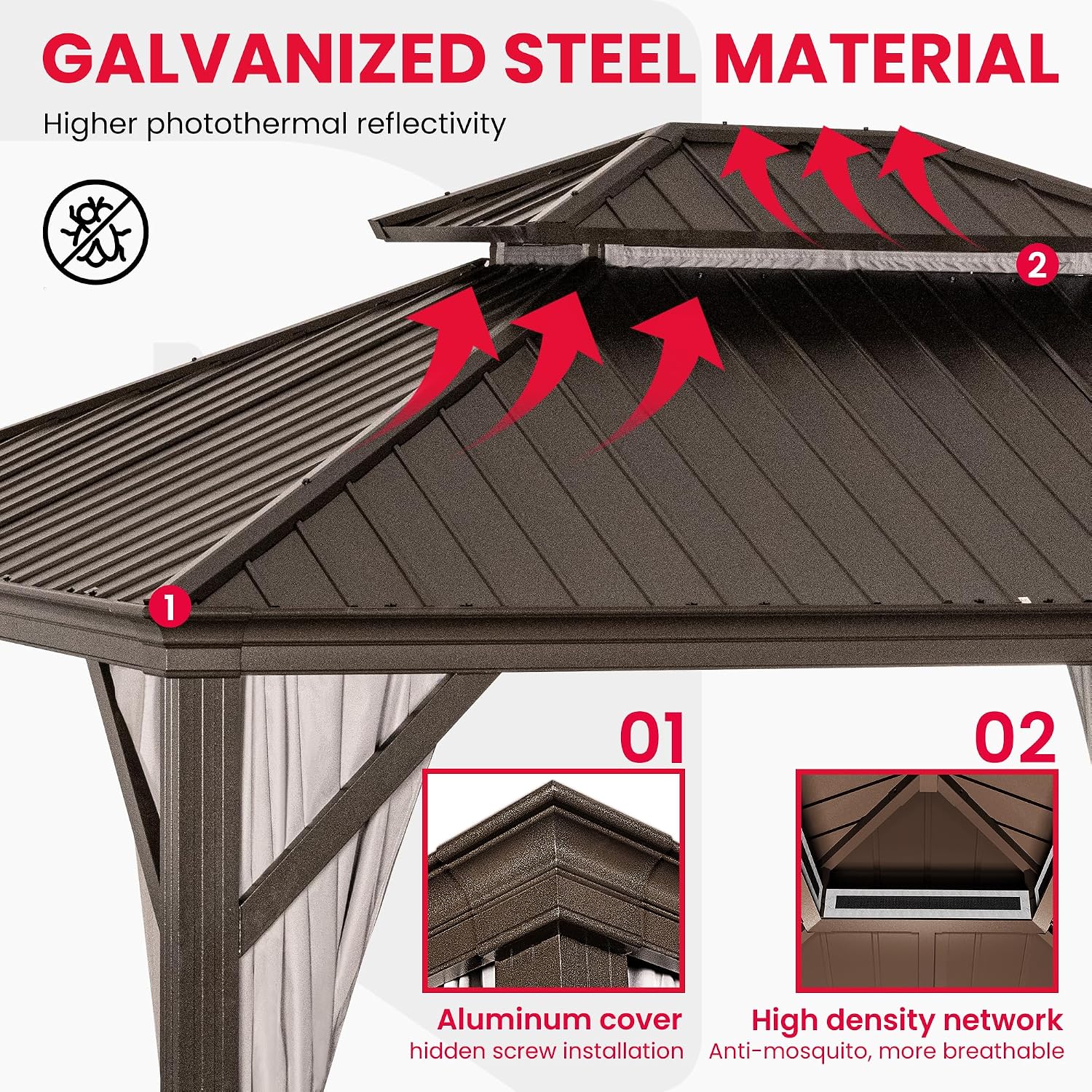 PAMAPIC 10x12FT Premium Hardtop Gazebo, 2-Tier Galvanized Steel Roof with Aluminum Frame, UV-Proof Curtains & Mosquito Netting, All-Weather Outdoor Pavilion for Backyard, Garden & Parties,Brown