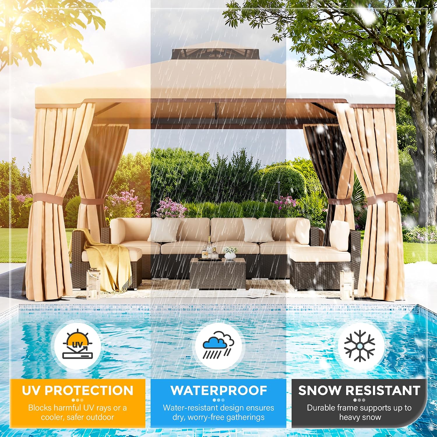 SUNCROWN 10 x 10 FT Outdoor Gazebo for Patio Iron Frame Garden Permanent Gazebo with Vented Soft Canopy and Mosquito Netting, Khaki