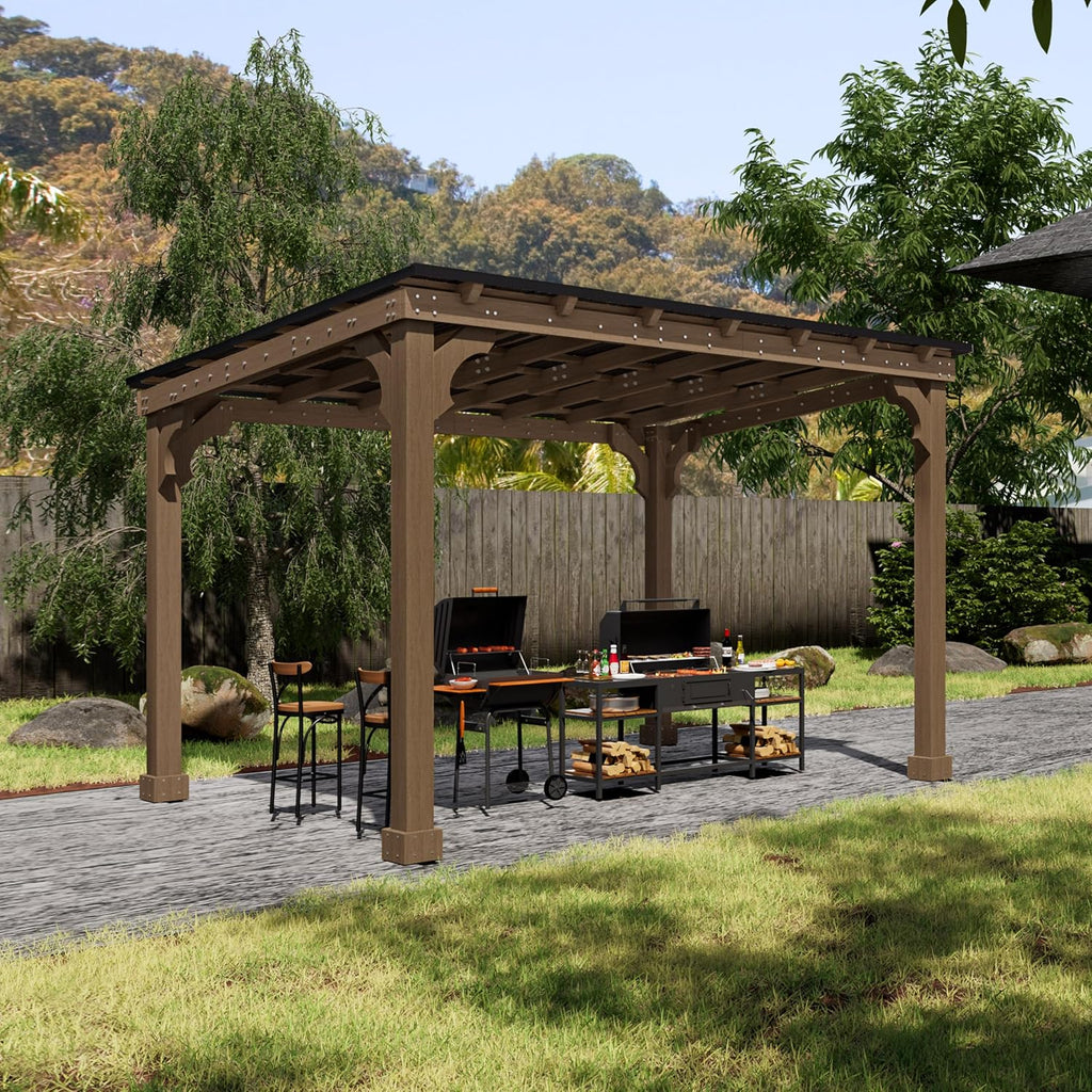 MUPATER 10 x 12 FT Wooden Grill Gazebo with Sloping Metal roof, Heavy Duty 5.5'' Post, Grill Gazebo Canopy Suitable for Full Size Grills, BBQ Canopy for Outdoor Patio, Lawn, Garden, Brown