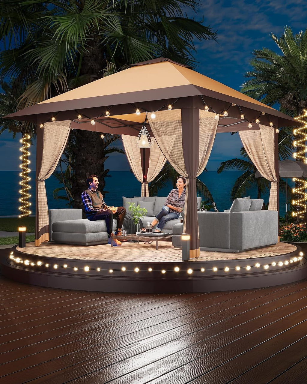 13x13ft Popup Hexagonal Gazebo with Mosquito Net, Adjustable Outdoor Hexagonal Canopy with Portable Handbag for Garden/Backyard/Patio - Gray (Khaki)