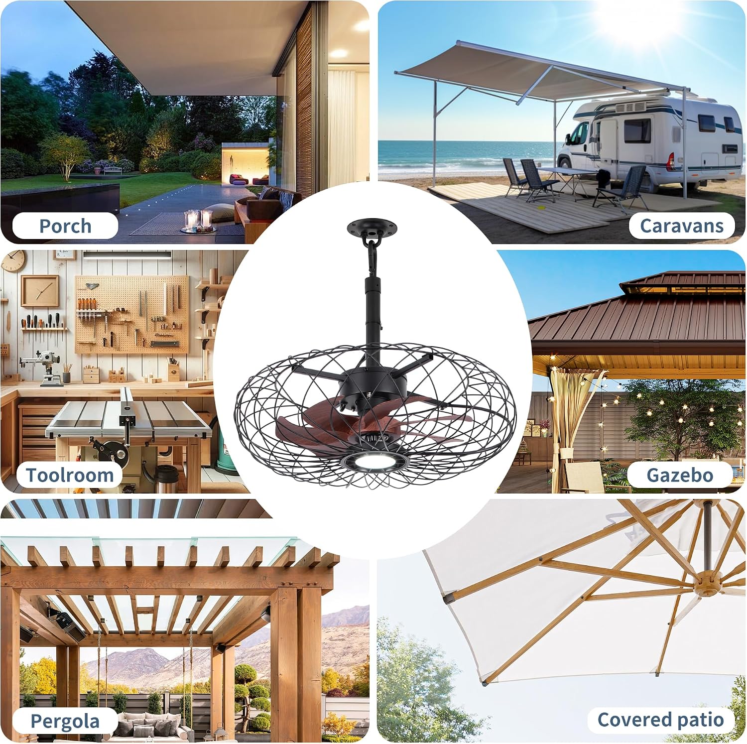 Miuyhji Black Outdoor Ceiling Fans with LED Light, 20' Waterproof Gazebo Fan Plug in Caged Industrial Fandelier Ceiling Fan with Remote, 6 Speeds Adjustable Height Fan for Bedroom Living Room Pergola