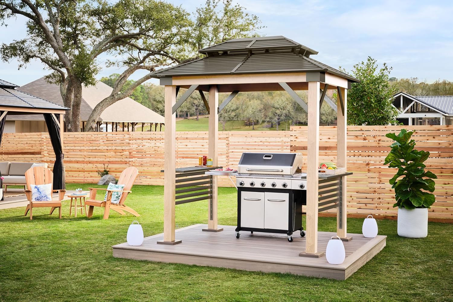 Tommy Bahama Edition Cove 6' x 8' Outdoor Hardtop Grill Gazebo for Backyard or Patio, Heavy-Duty Galvanized Steel Double Roof Gazebo, Wood Grain Finish