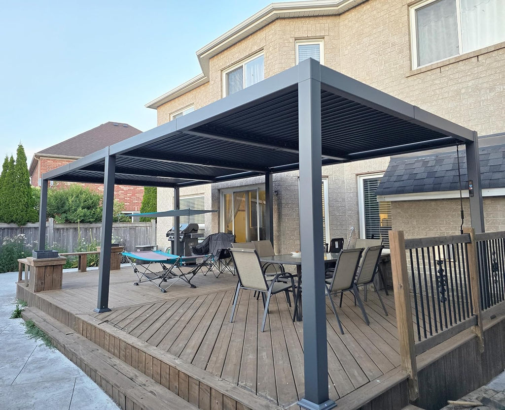 PURPLE LEAF Louvered Pergola 92KS 11.5' x 27.5' with LED Strip Lights Huge Aluminum Plus Outdoor Pergola with Adjustable Louvered Roof for Patio Deck Garden Yard Gray
