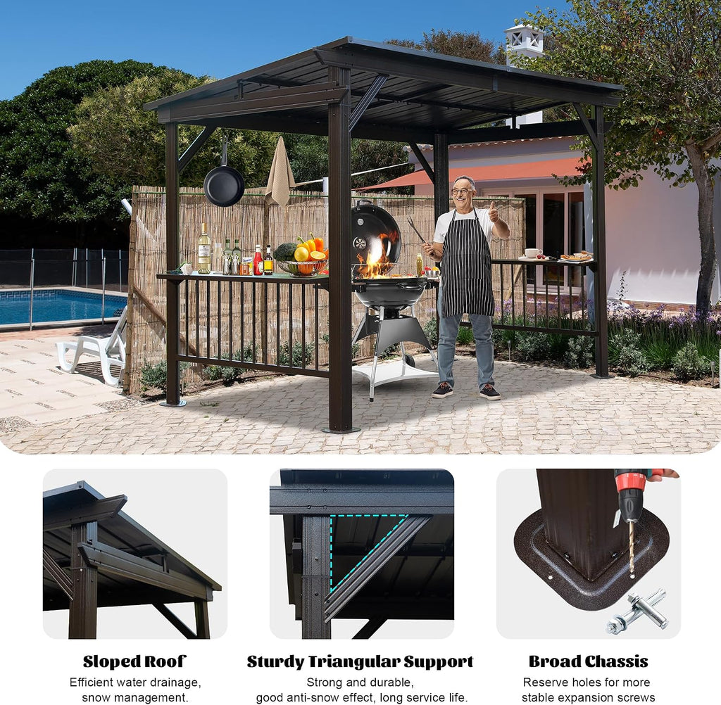 Domi 6.5x12FT Hardtop Grill Gazebo, Outdoor BBQ Gazebo with 2 Side Shelves and Sloping Galvanized Steel Roof, Metal Permanent Grill Canopy with Ceiling Hooks for Patio, Lawn, Backyard, Deck, Brown