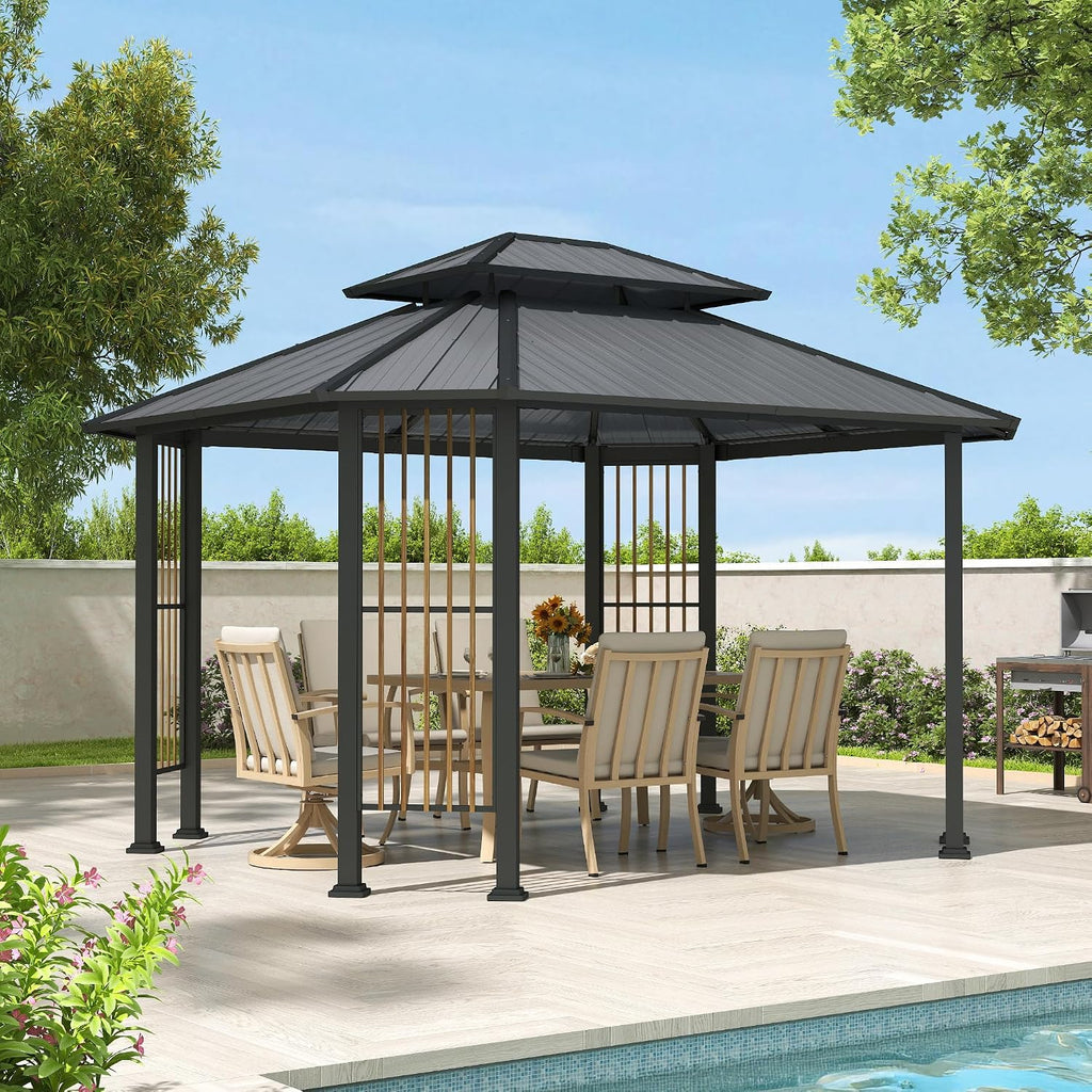 11' x 13' Hardtop Gazebo, Outdoor Octagonal Gazebo with Galvanized Steel Double Roof, Metal Frame with Dual Rail and Ceiling Hook, Outdoor Octagon for Patio Garden Backyard
