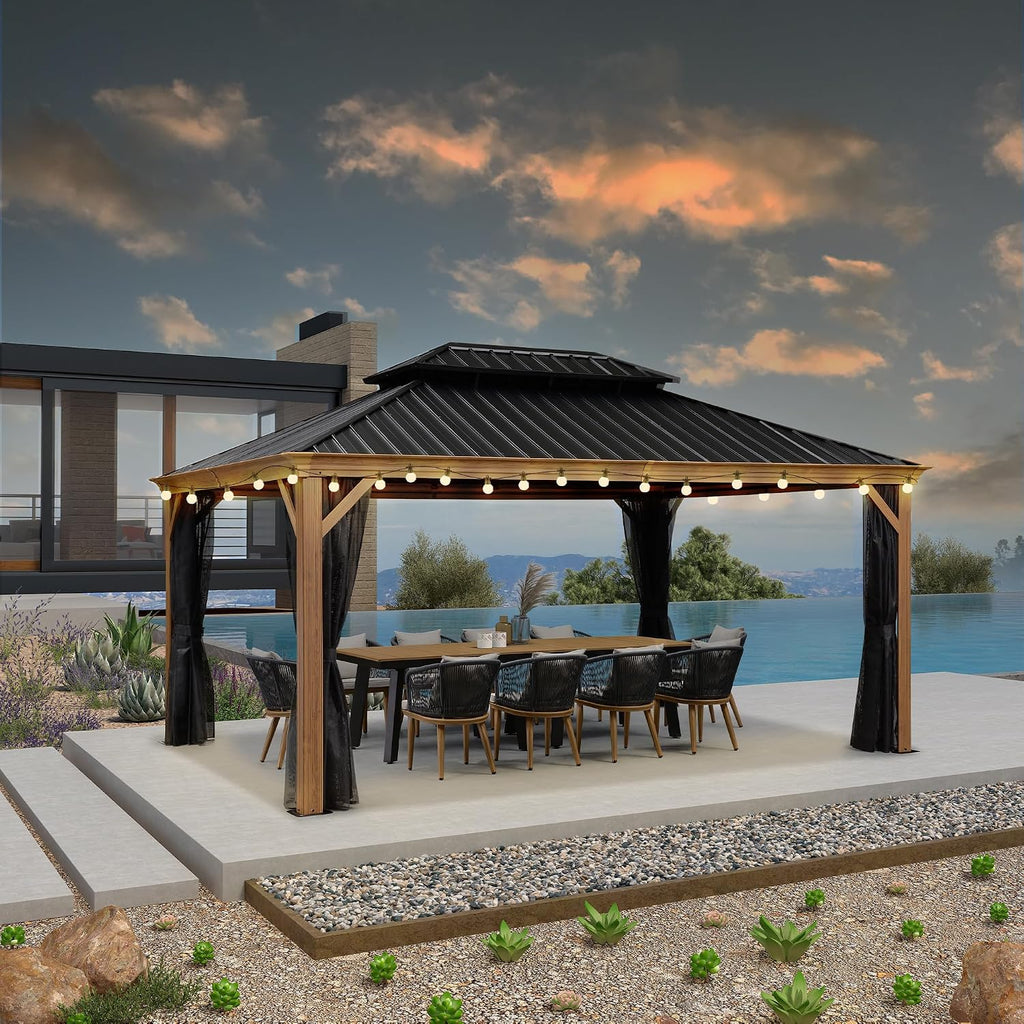 PURPLE LEAF 12' X 16' Outdoor Hardtop Gazebo for Patio Galvanized Steel Double Roof Permanent Canopy Aluminum Frame Pavilion Gazebo with Netting and Lights