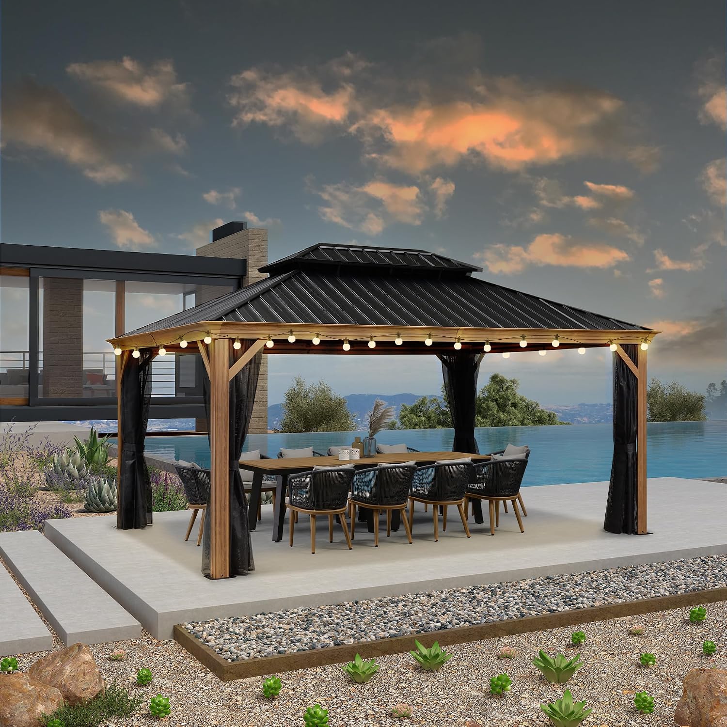 PURPLE LEAF 12' X 16' Outdoor Hardtop Gazebo for Patio Galvanized Steel Double Roof Permanent Canopy Aluminum Frame Pavilion Gazebo with Netting and Lights