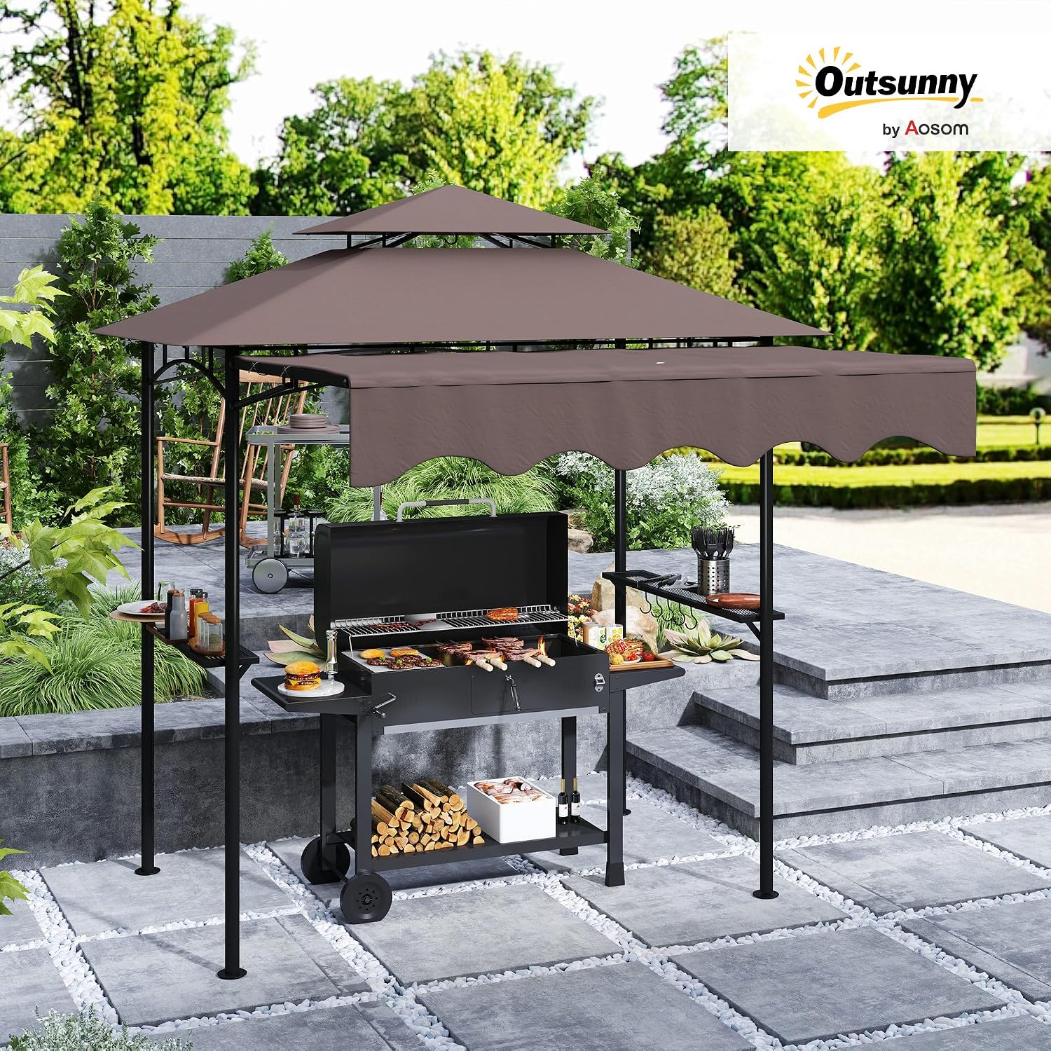 Outsunny 8' x 7.6' Grill Gazebo, Double Tiered Outdoor BBQ Gazebo with Side Awning, 2 Side Shelves and 6 Hooks for Patio, Deck, Yard, Brown