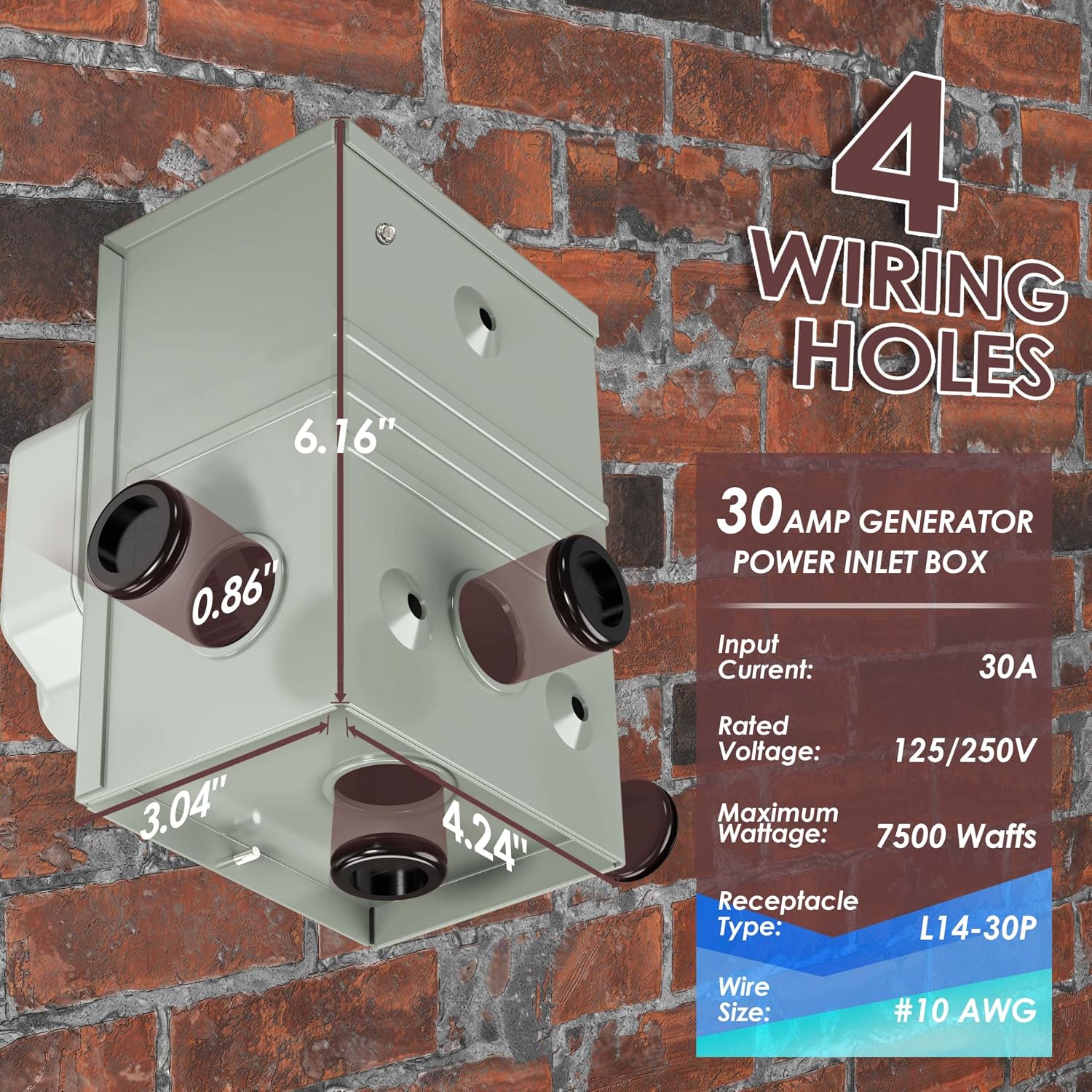CircleCord 4 Prong 75 Feet 30 Amp Generator Extension Cord and Inlet Box with Locking Connector, Heavy Duty NEMA L14-30P/L14-30R, 125/250V 7500W 10 Gauge SJTW Generator to House Power Cord