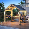 GARTOO 7.7'x5.7' Outdoor Grill Wood Gazebo - Hardtop Gazebo with 2 Side Shelves, Solar Light and Galvanized Steel Roof, Patio Wooden BBQ Pergola for Garden, Porch and Backyard