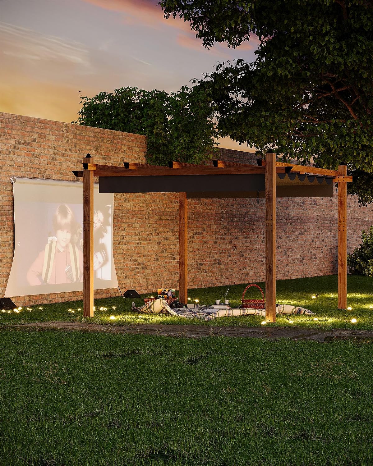 KYBOLT 10x13 Ft Outdoor Pergola with Retractable Canopy Upgraded Wood Grain Patio Pergola for Modern Backyard Deck Porch Grape Trellis - Gray