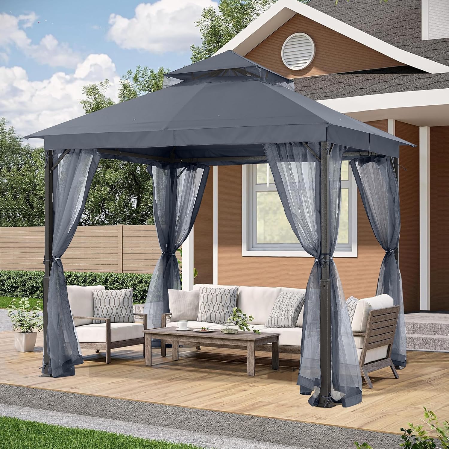 ABCCANOPY Outdoor Patio Gazebo 9x9 - Double Roof Canopy with Mosquito Netting for Backyard, Deck, Garden, Lawn, Dark Gray