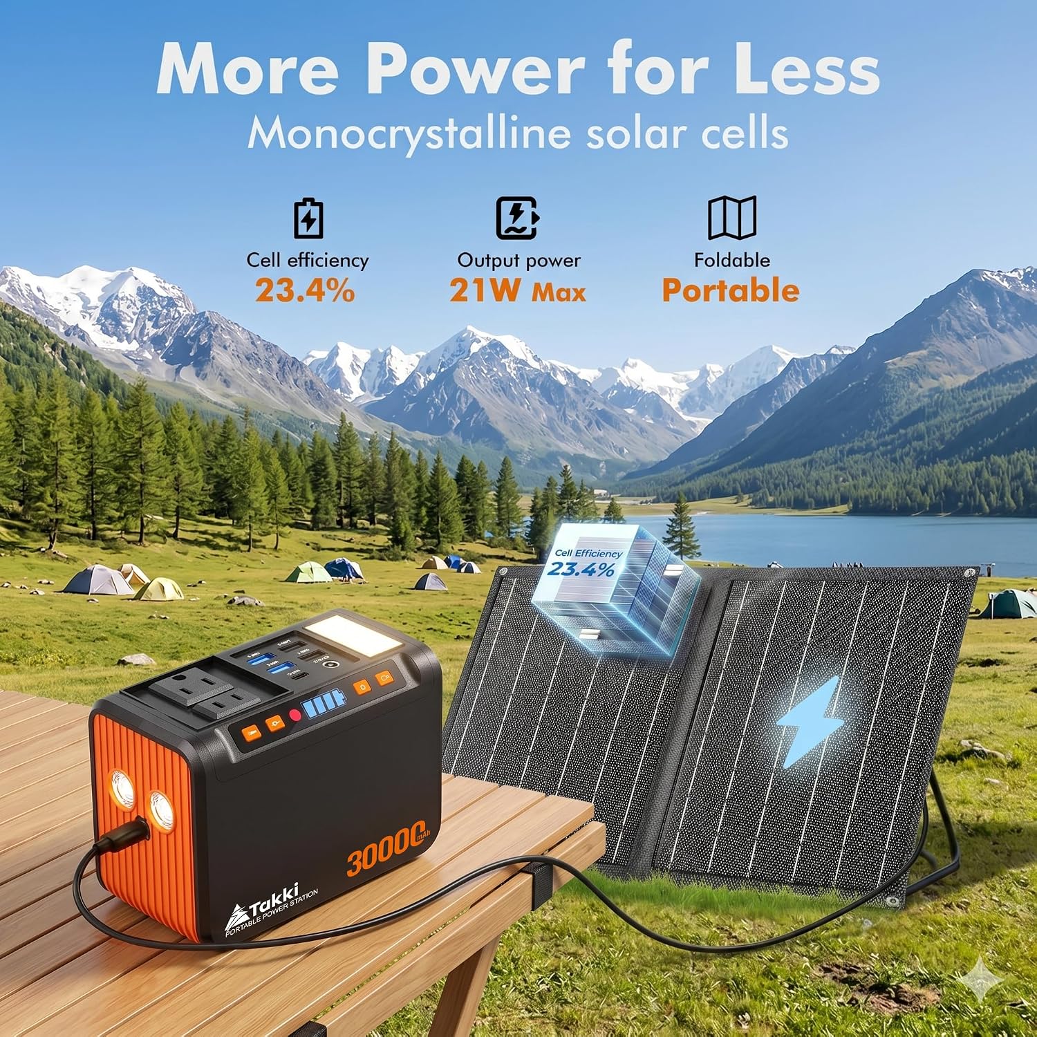 Takki 111Wh Portable Solar Generator Power Station with 21W Foldable Solar Panel, 120W Peak Solar Charger Power Bank with 110V AC DC USB Ports for Camping Emergency Outdoor Home Use