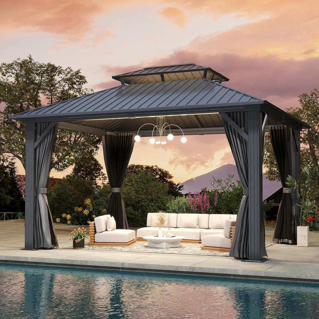 12'x14' Hardtop Gazebo, Outdoor Double Roof Galvanized Steel Gazebo, Aluminum Frame Permanent Pavilion with Curtains & Netting for Backyard, Patio, Deck (12x14)