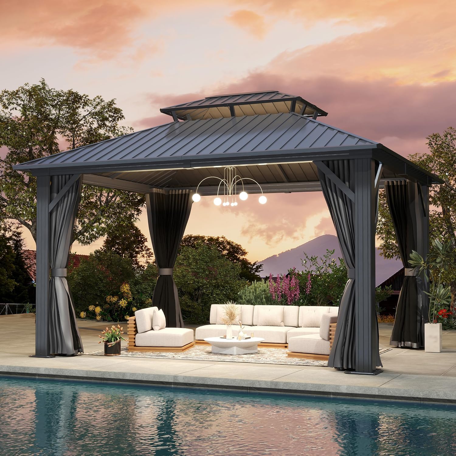 12'x14' Hardtop Gazebo, Outdoor Double Roof Galvanized Steel Gazebo, Aluminum Frame Permanent Pavilion with Curtains & Netting for Backyard, Patio, Deck (12x14)