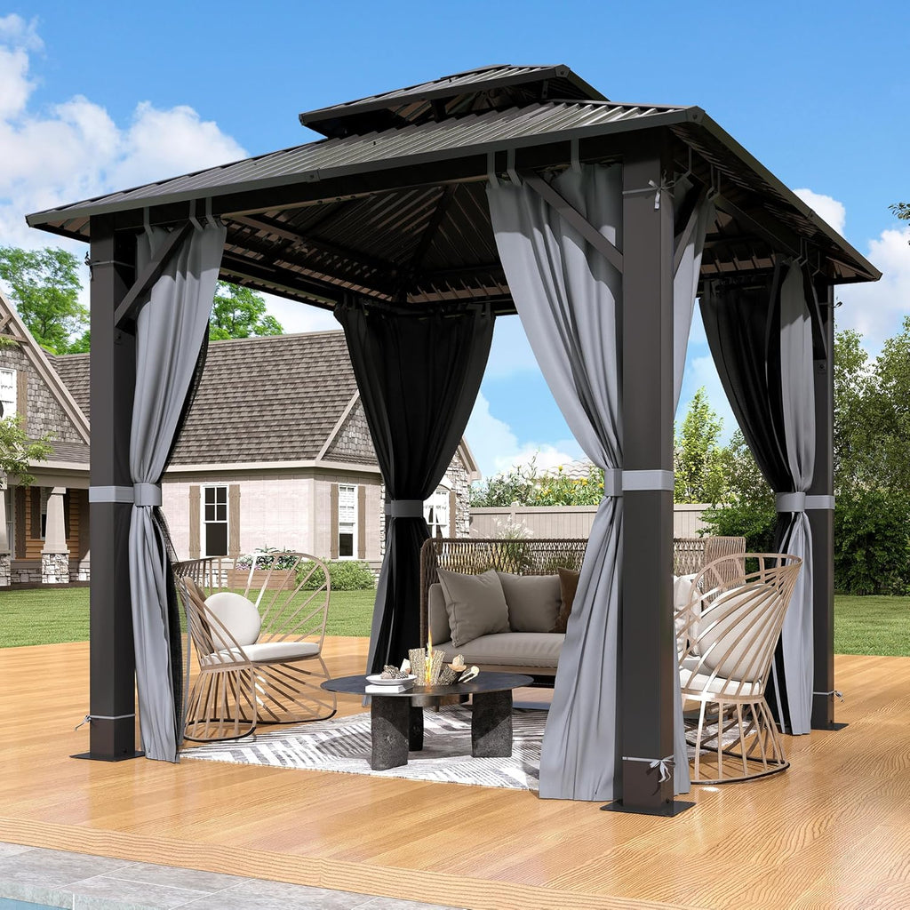 8.5'x8.5' Hardtop Gazebo, Outdoor Double Roof Galvanized Steel Gazebo, Aluminum Frame Permanent Pavilion with Curtains & Netting for Backyard, Patio, Deck (Galvanized Steel Top, 8.5x8.5 FT)
