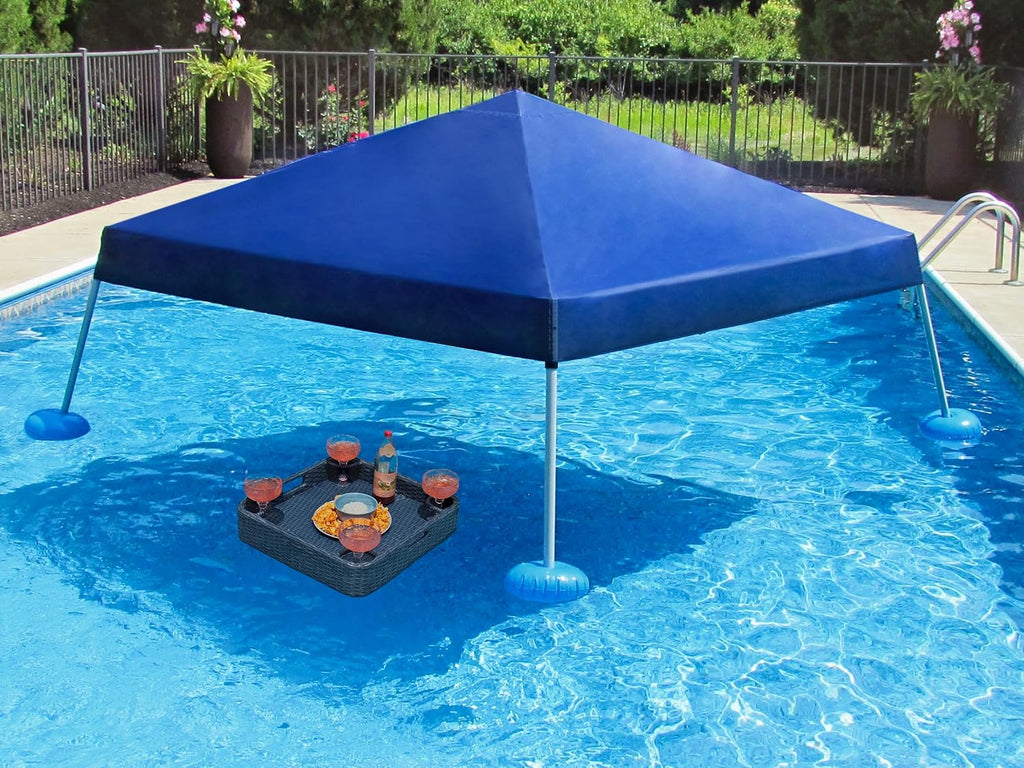 Sunjoy Floating Pool Canopy with Add-on 24x24 in. Wicker Floating Tray, Navy
