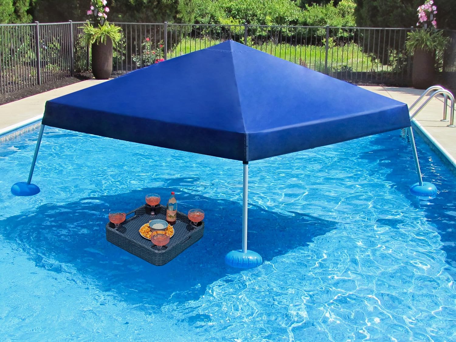 Sunjoy Floating Pool Canopy with Add-on 24x24 in. Wicker Floating Tray, Navy