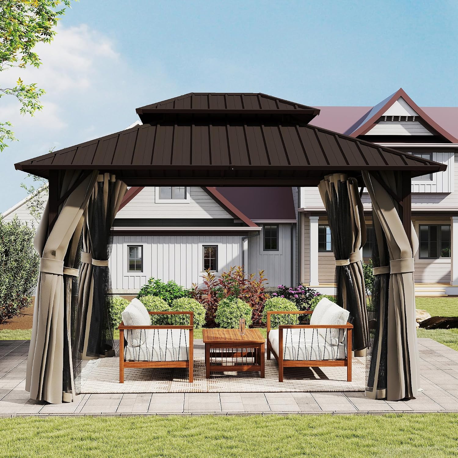 HAPPATIO 10'x12' Outdoor Gazebo with Hardtop Roof, Double Galvanized Steel Roof Canopy with Aluminum Frame, Curtains and Netting for Patio, Backyard, Deck, Lawn, Easy Assembly (Brown)