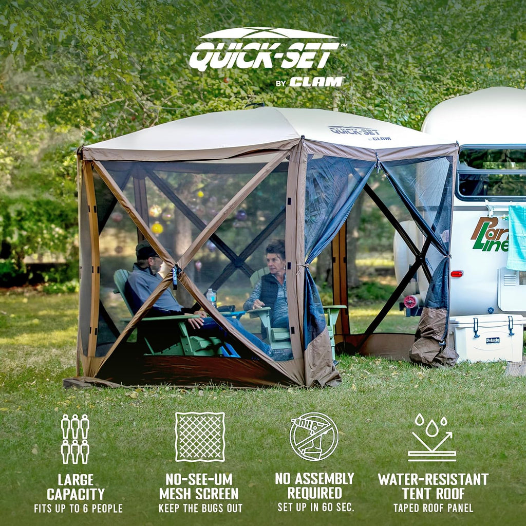 CLAM Quick-Set Pop Up Screen Tent, Venture, 9 x 9 ft, Instant Setup Brown Portable Outdoor Gazebo Canopy Shelter, Compact Bug-Free Camping Tent for Backyard, Beach, Tailgating - Brown