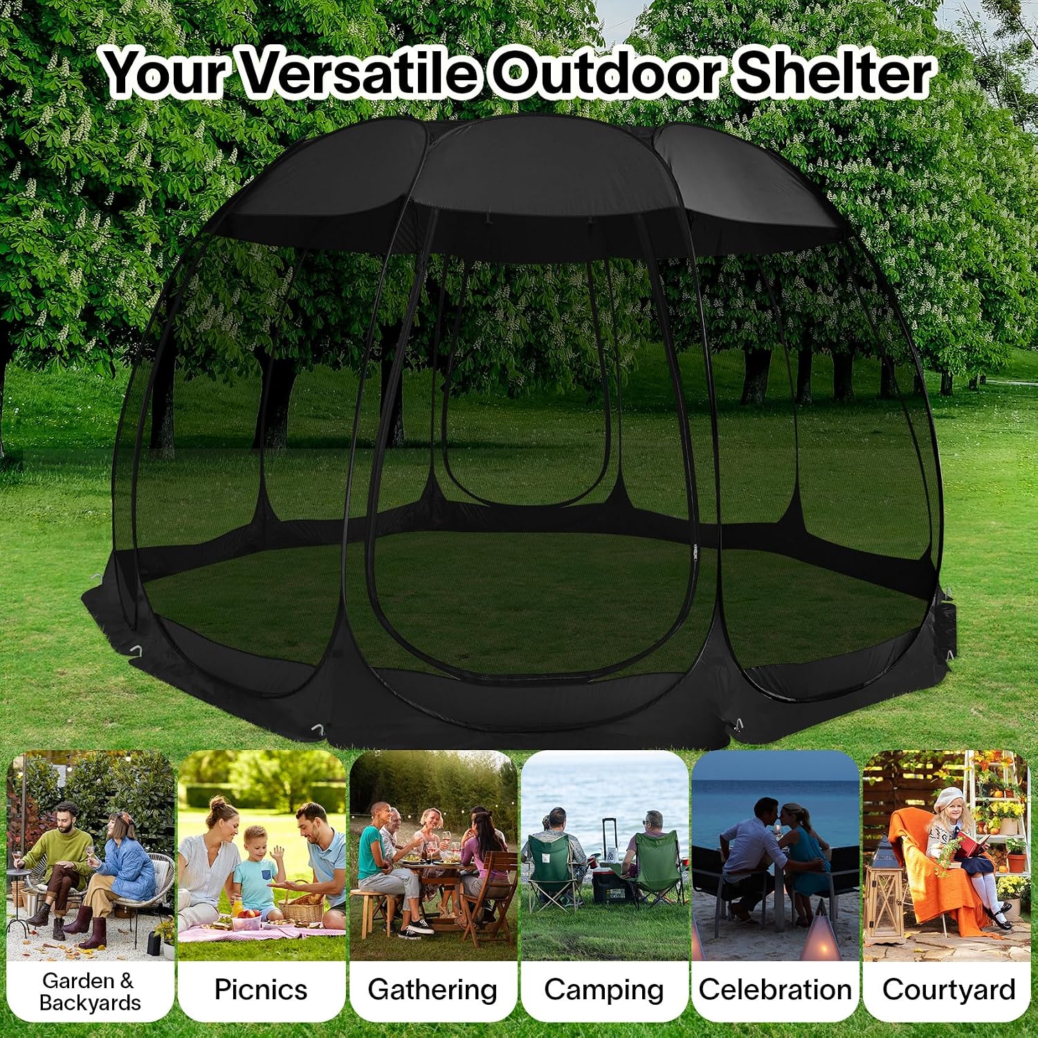 Alvantor® Pop Up Screen House, Outdoor Mosquito Mesh Tent with UV Resistant, Pop Up Canopy Easy Up, Foldable Screen Room for Camping,Backyard, Garden, Patio(Black, 15x15 FT)