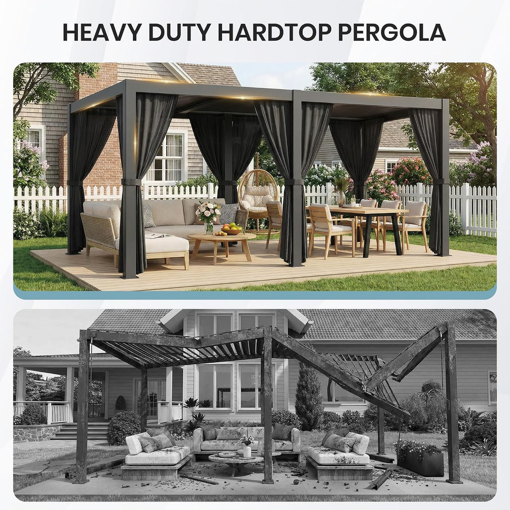 10'×20' Outdoor Louvered Pergola, Aluminum Outdoor Louvered Pergola Patio with Adjustable Roof for Outdoor Deck, Backyard, Garden (10x20FT with Curtain)