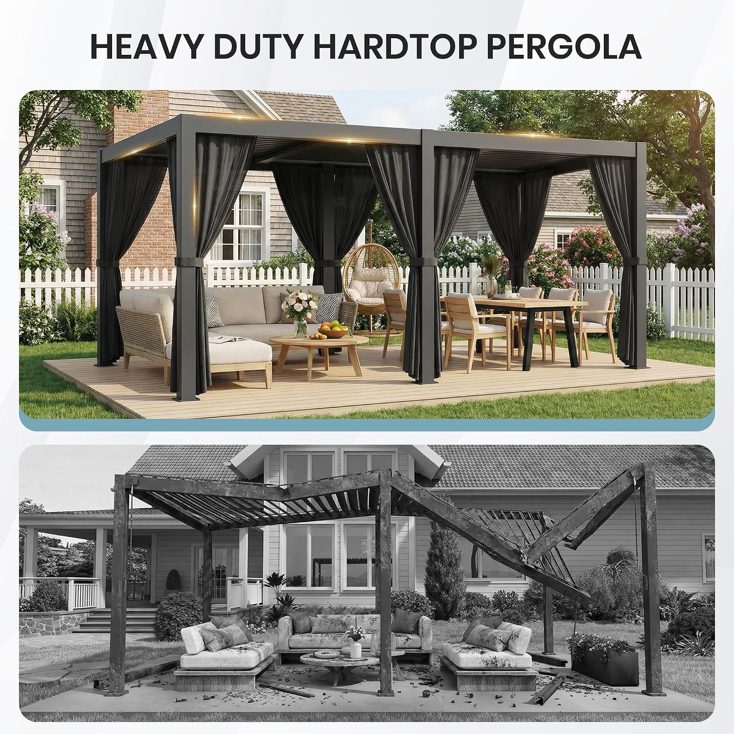 10'×20' Outdoor Louvered Pergola, Aluminum Outdoor Louvered Pergola Patio with Adjustable Roof for Outdoor Deck, Backyard, Garden (10x20FT with Curtain)