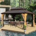 Domi 10' X 14' Wood Gazebo, Cedar Frame Hardtop Gazebo with Galvanized Steel Double Roof, Netting & Curtains, Patio Pergola Pavilion for Patio, Backyard, Deck, Lawns