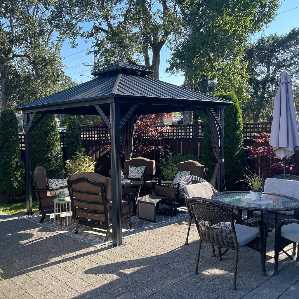 Domi 12' x 12' Hardtop Gazebo Permanent Aluminum Metal Gazebo with Galvanized Steel Double Roof Canopy, Curtains, and Netting for Patio, Backyard, Deck, Lawn