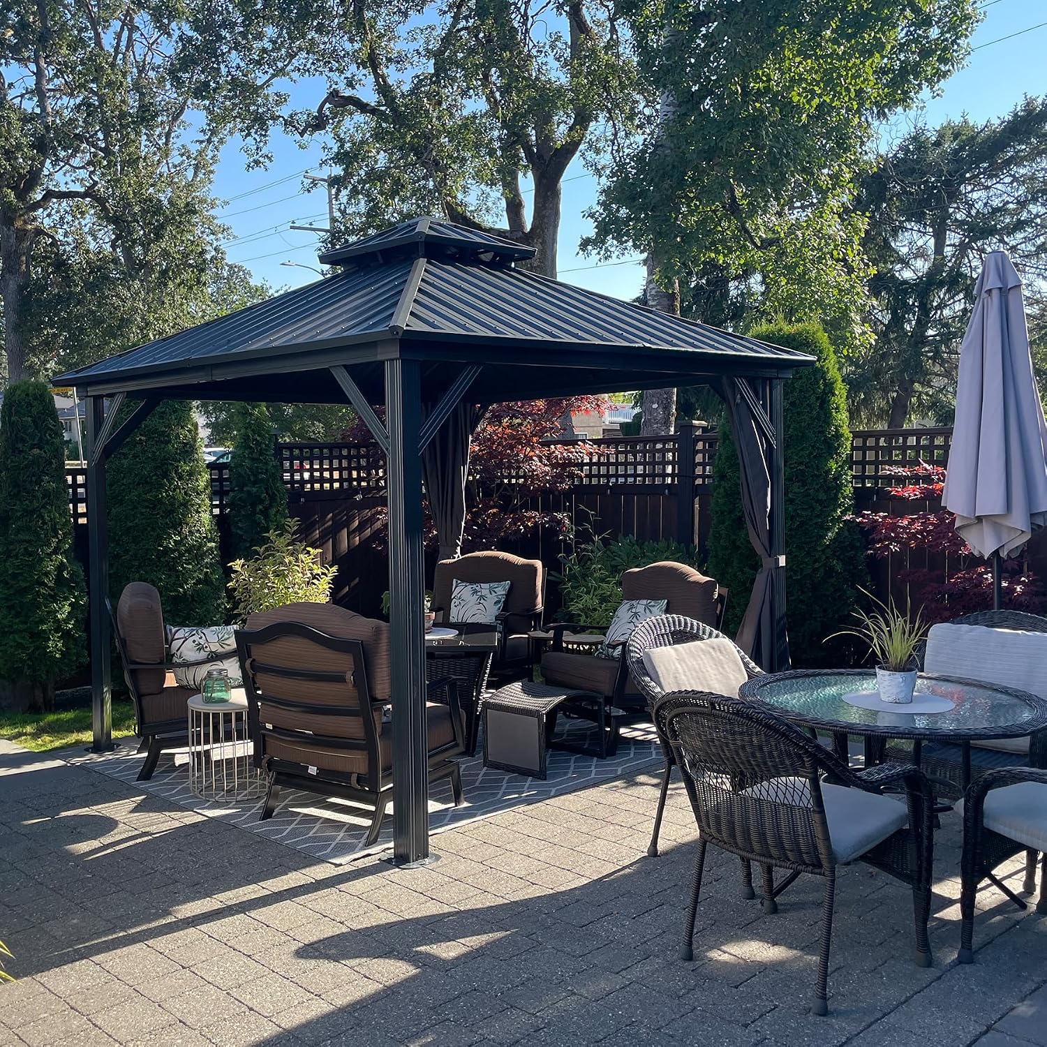 Domi 12' x 12' Hardtop Gazebo Permanent Aluminum Metal Gazebo with Galvanized Steel Double Roof Canopy, Curtains, and Netting for Patio, Backyard, Deck, Lawn