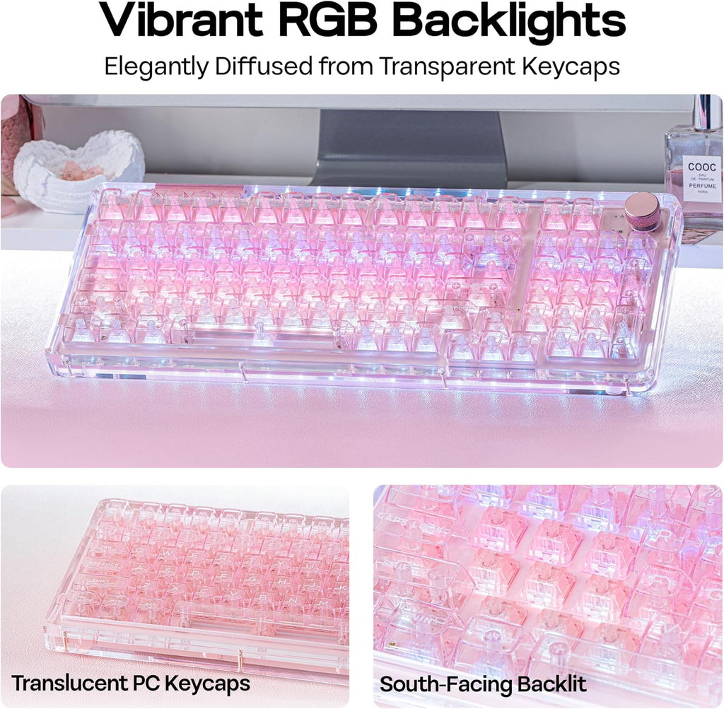 KiiBoom Phantom 98 Crystal Mechanical Gaming Keyboard, Transparent Keyboard with RGB Backlits, Hot-Swappable, Shine Through Clear Keycaps, 3 Modes Wireless, 8000mAh Battery, NKRO for Win/Mac (Pink)