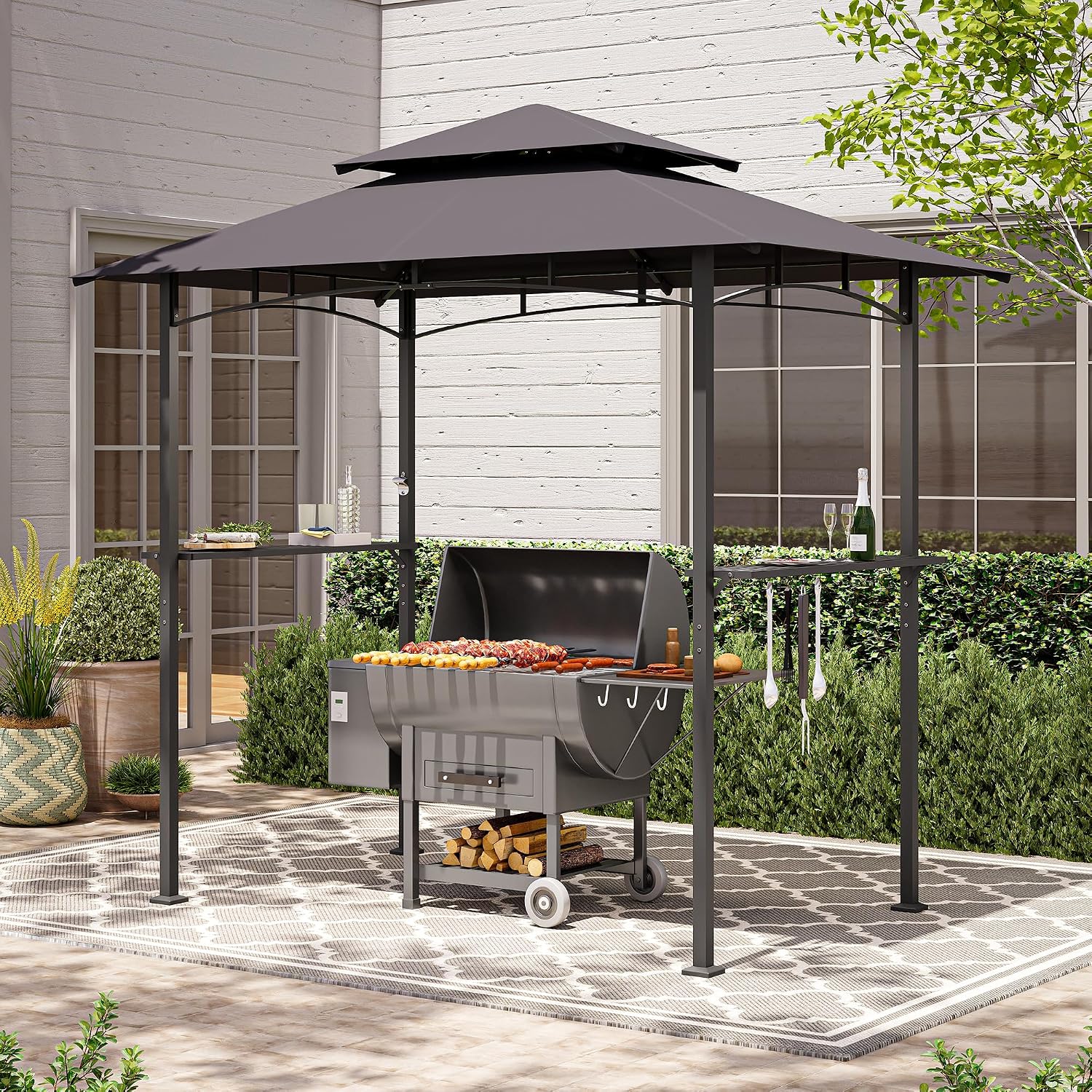 LAUSAINT HOME 8x5 FT Outdoor Grill Gazebo Canopy, BBQ Gazebo with 2-Tier Vented Top, 2 Durable Shelves & Metal Frame Grill Shelter - Perfect for Grilling and Picnics, Dark Gray
