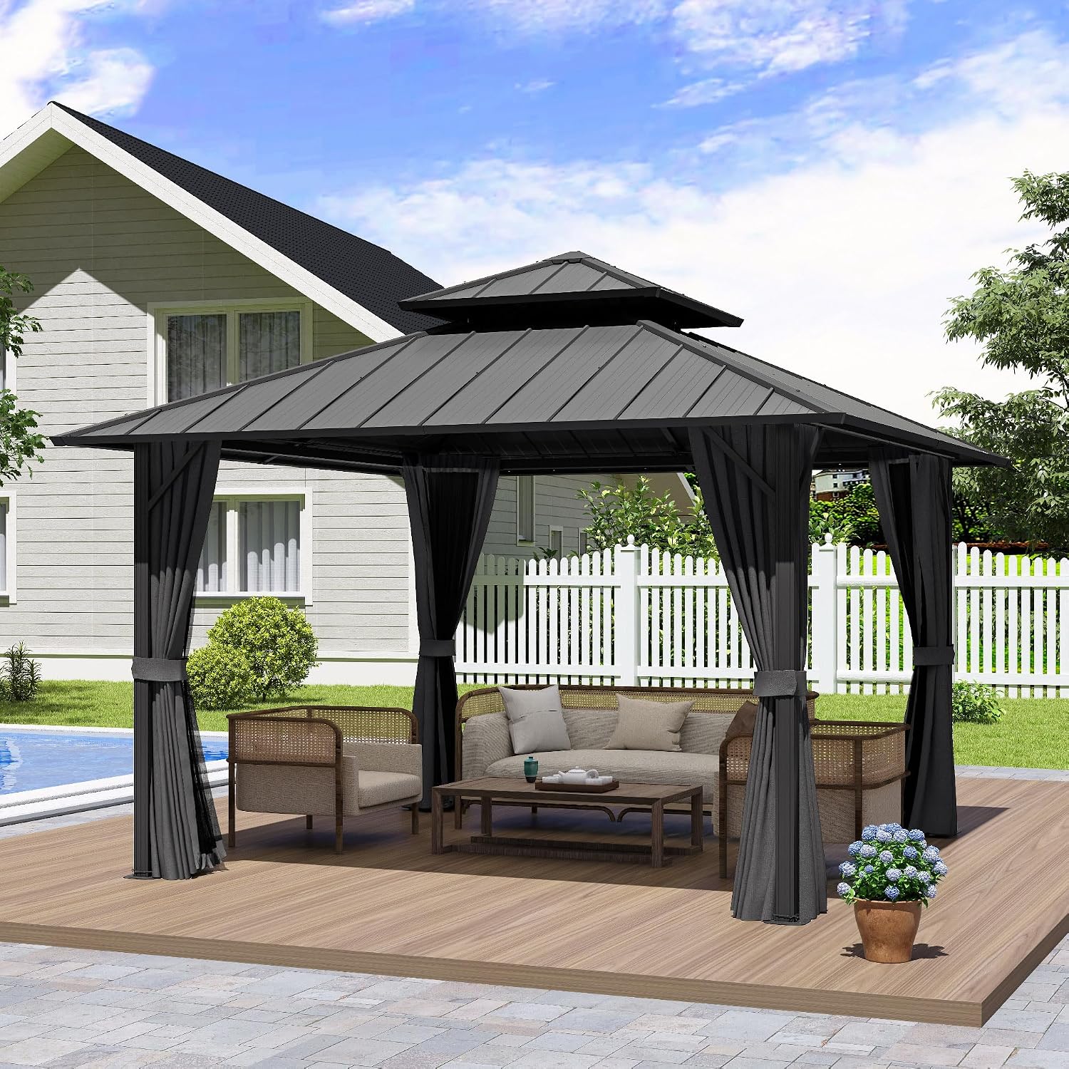 12' x 12' Hardtop Gazebo, Aluminum Frame with Double Galvanized Steel Roof, Outdoor Metal Gazebo with Netting & Curtains for Backyard, Garden, or Deck, Grey