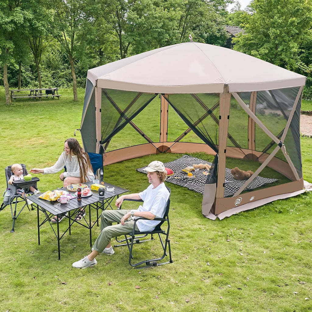 EVER ADVANCED Pop Up Gazebo Screen House Tent for Camping 11.5 ft for 8-10 Person Instant Canopy Shelter with Netting Portable for Outdoor, Backyard, Brown
