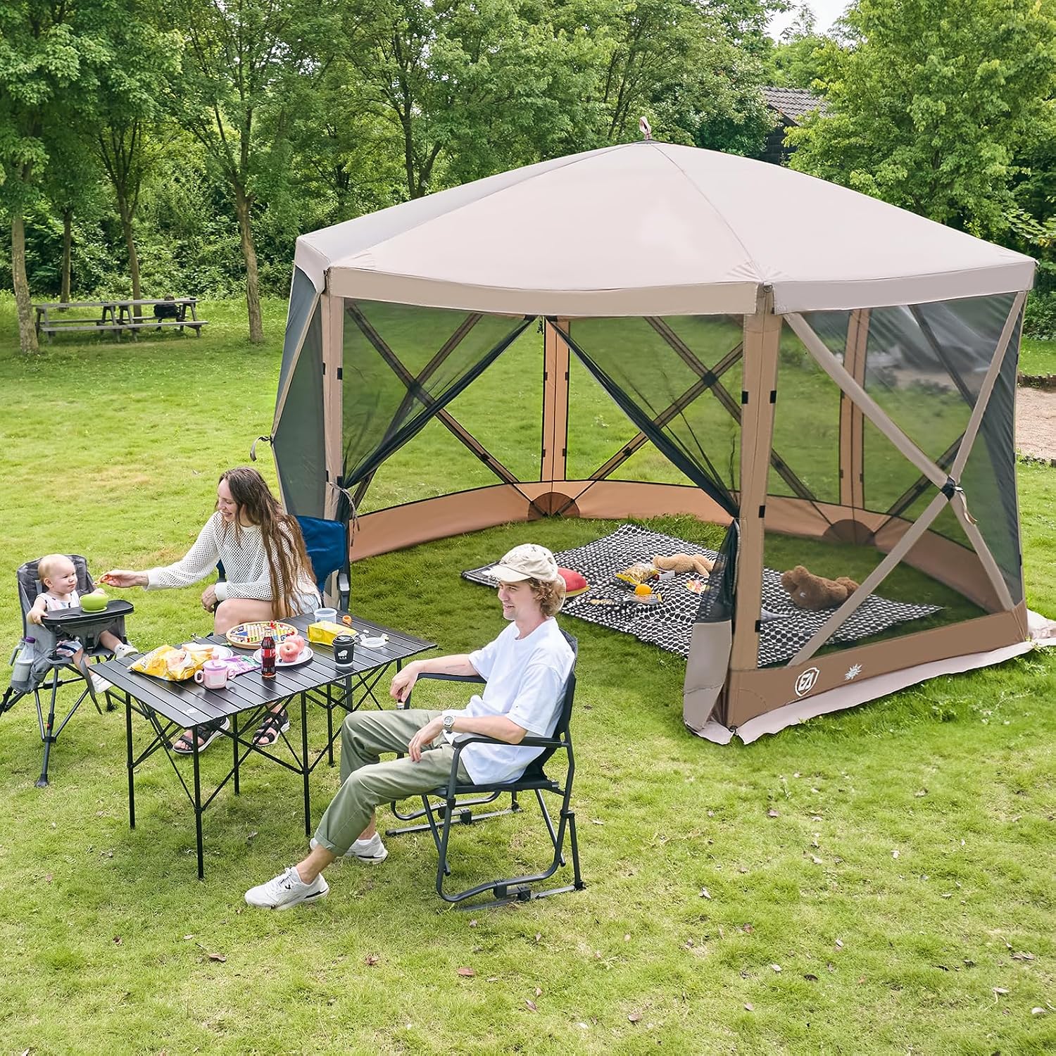 EVER ADVANCED Pop Up Gazebo Screen House Tent for Camping 11.5 ft for 8-10 Person Instant Canopy Shelter with Netting Portable for Outdoor, Backyard, Brown