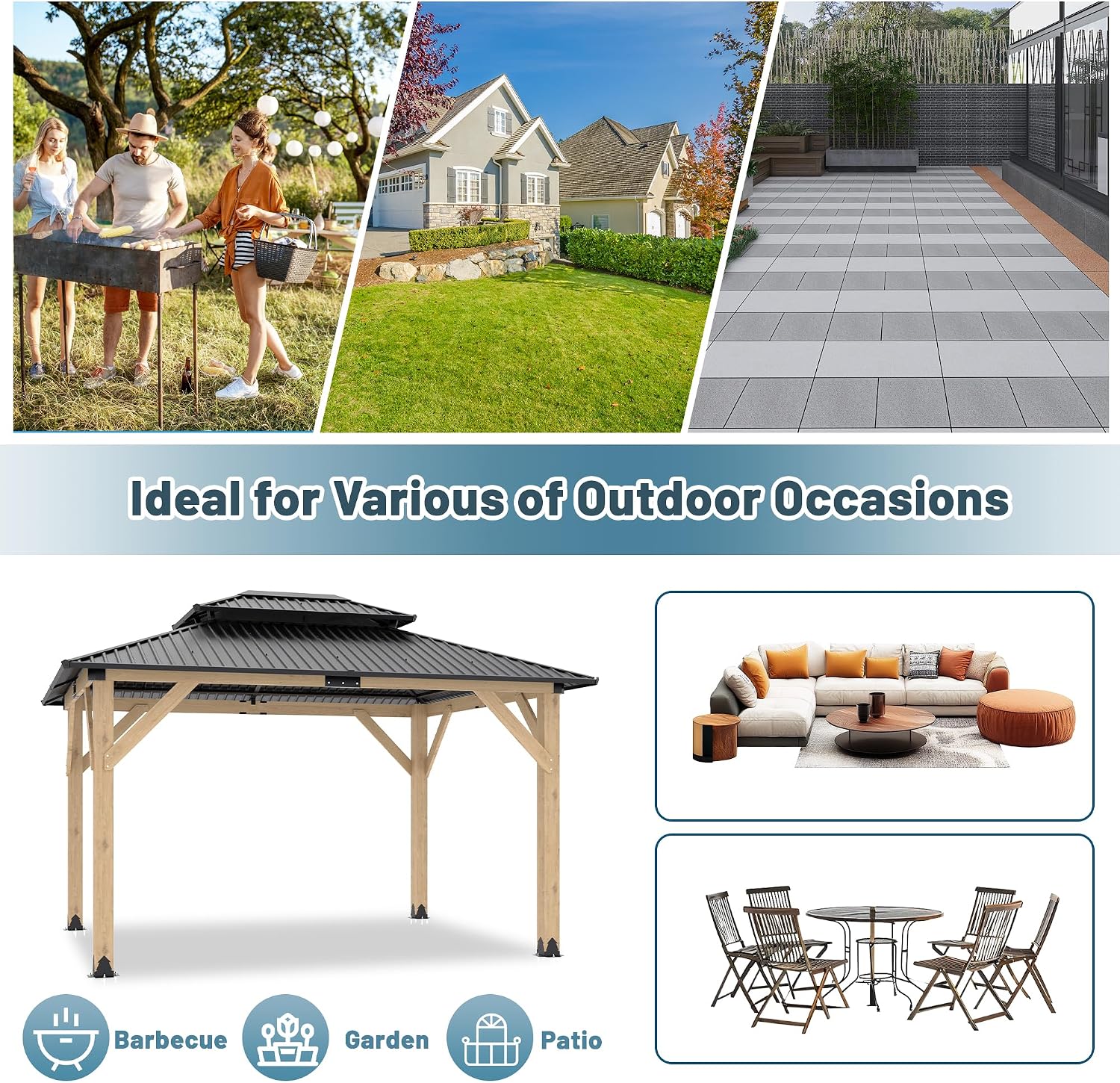 10'x12' Outdoor Wooden Gazebo, Outdoor Patio Gazebos with Galvanized Steel Double Roof, Heavy-Duty Cedar Wood Gazebo for Garden, Lawn, Poolside, Backyard Dec (Wood, 10x12FT)