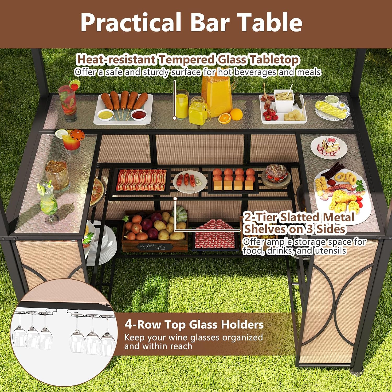 Tangkula 6.5 x 4 x 8 FT Grill Gazebo Set, 3-Piece Patio Bar Set with 2 Bar Stools, Tempered Glass Bar Table, 2-Tier Slatted Metal Shelves, Double Roof Design, BBQ Gazebo Shelter for Patio (Brown)