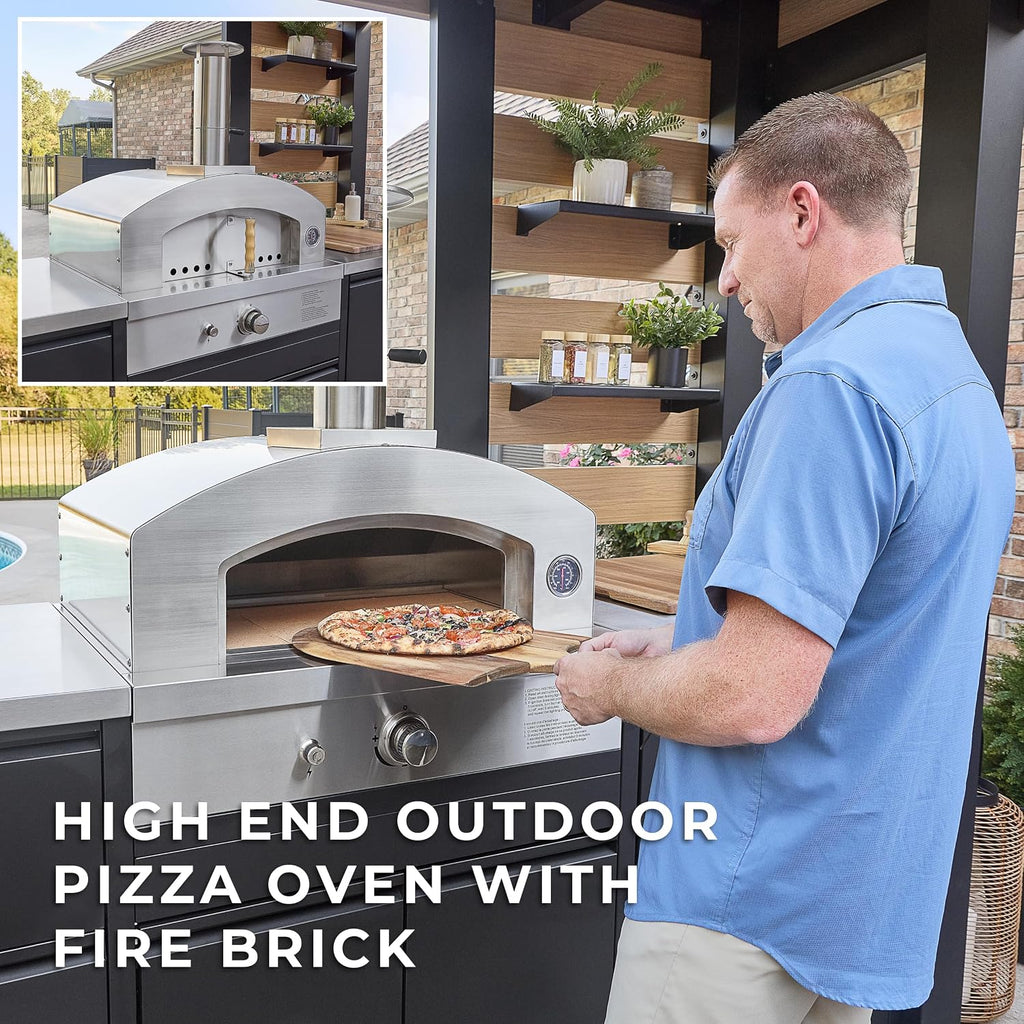 Backyard Discovery Fusion Flame 2 Galvanized Steel Covered Outdoor Kitchen with 5-Burner Stainless Steel Grill, Pizza Oven, Refrigerator, Sink, Storage, and Steel Roof for All-Weather Outdoor Cooking