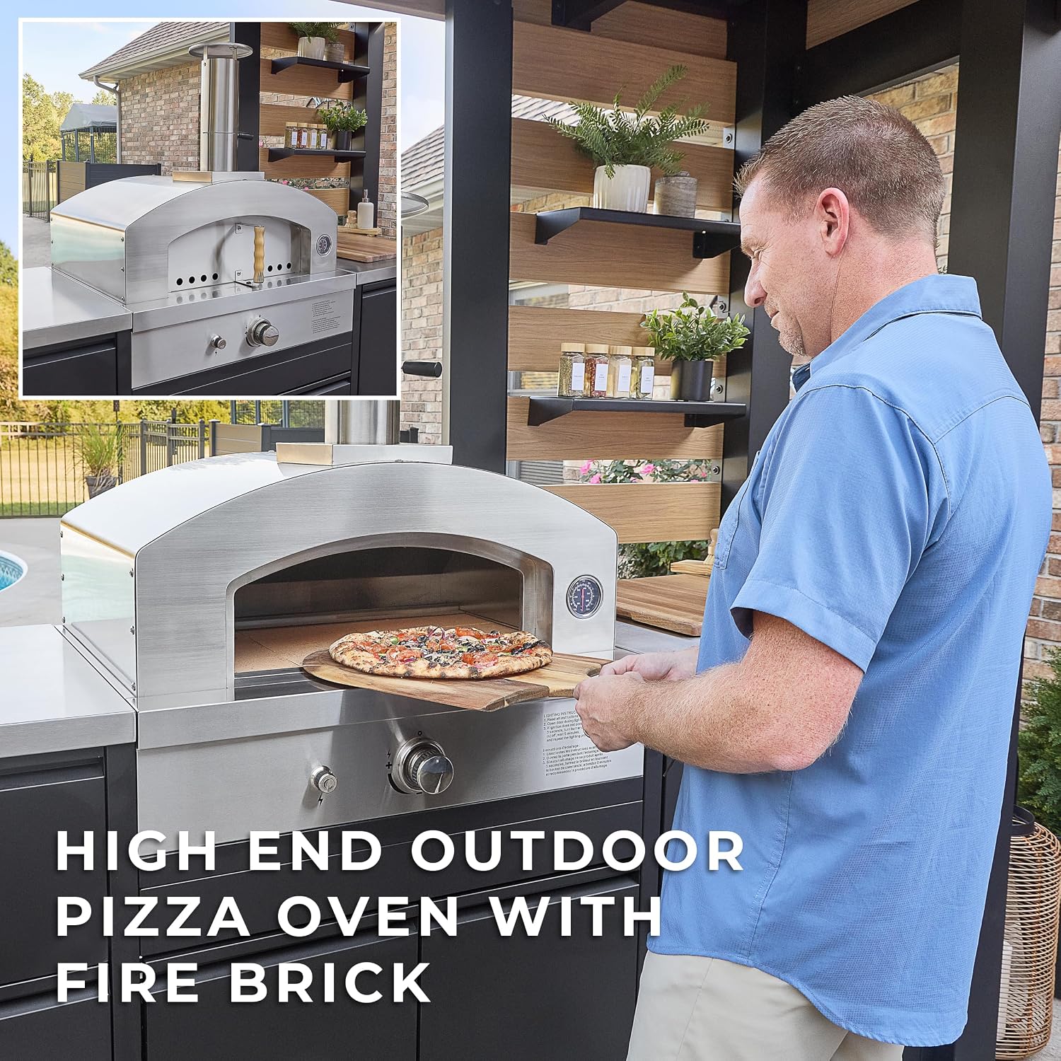 Backyard Discovery Fusion Flame 2 Galvanized Steel Covered Outdoor Kitchen with 5-Burner Stainless Steel Grill, Pizza Oven, Refrigerator, Sink, Storage, and Steel Roof for All-Weather Outdoor Cooking